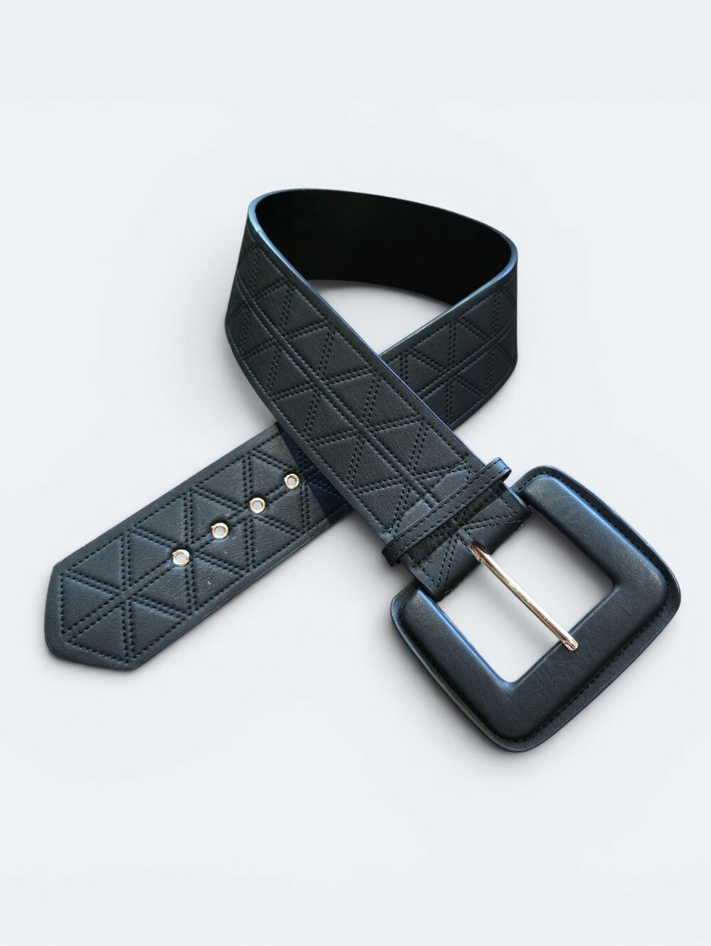 SHEIN Black Wide Waist Belt Quilted Geometric Pattern Square Buckle Boho